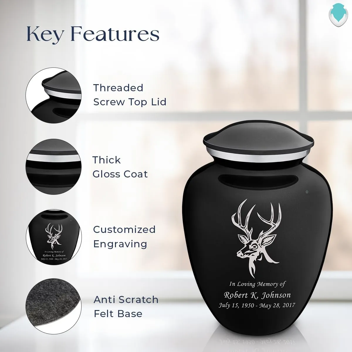 Geturns Embrace Adult Personalized Deer Cremation Urns for Human Ashes I Large Black Funeral Urn for Men and Women I 200 lbs