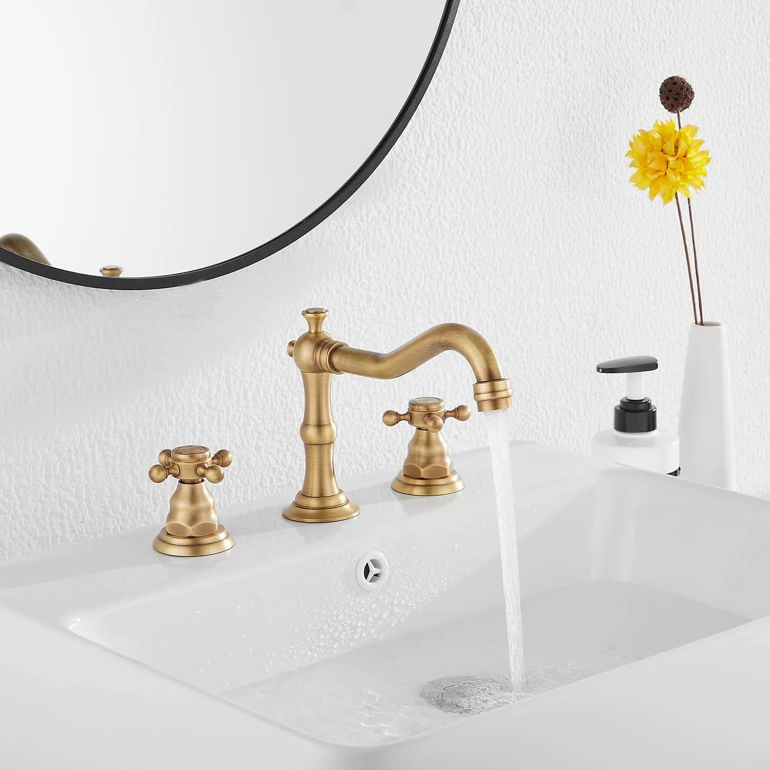 GGStudy 8 inch 2 Handles 3 Holes Widespread Bathroom Sink Faucet Antique Brass Bathroom Vanity Faucet Basin Mixer Tap Matching Metal Pop Up Drain with Overflow