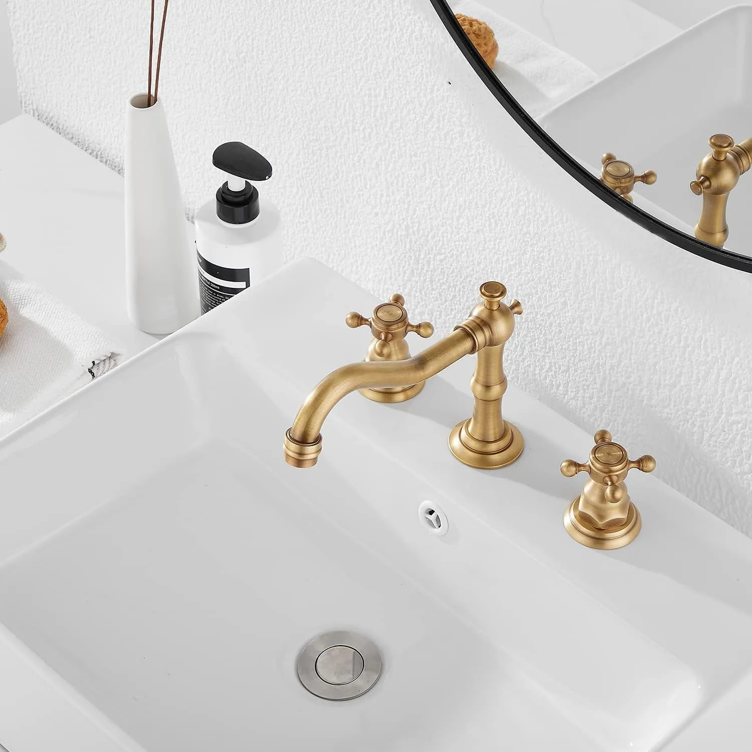 GGStudy 8 inch 2 Handles 3 Holes Widespread Bathroom Sink Faucet Antique Brass Bathroom Vanity Faucet Basin Mixer Tap Matching Metal Pop Up Drain with Overflow