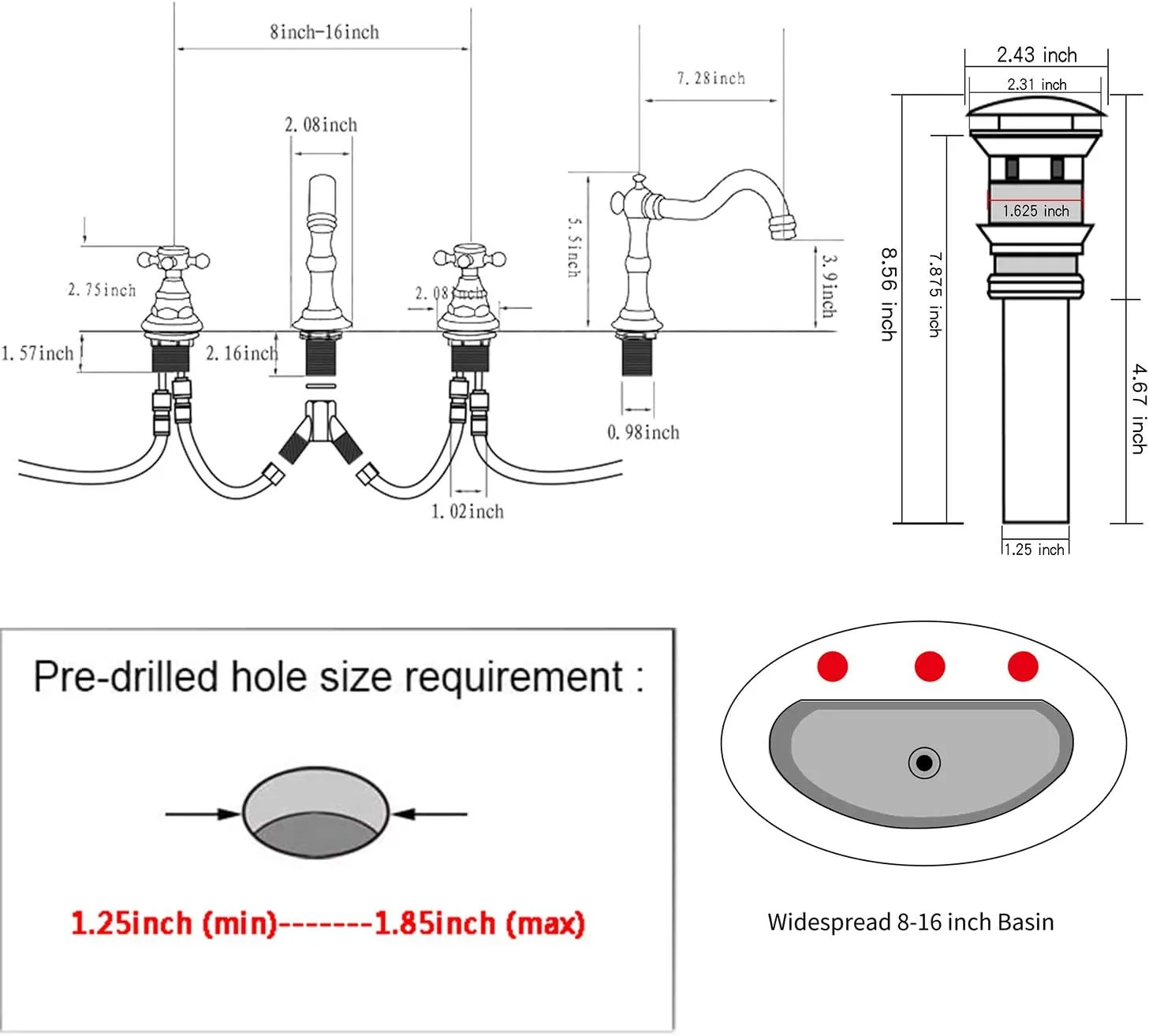 GGStudy 8 inch 2 Handles 3 Holes Widespread Bathroom Sink Faucet Antique Brass Bathroom Vanity Faucet Basin Mixer Tap Matching Metal Pop Up Drain with Overflow