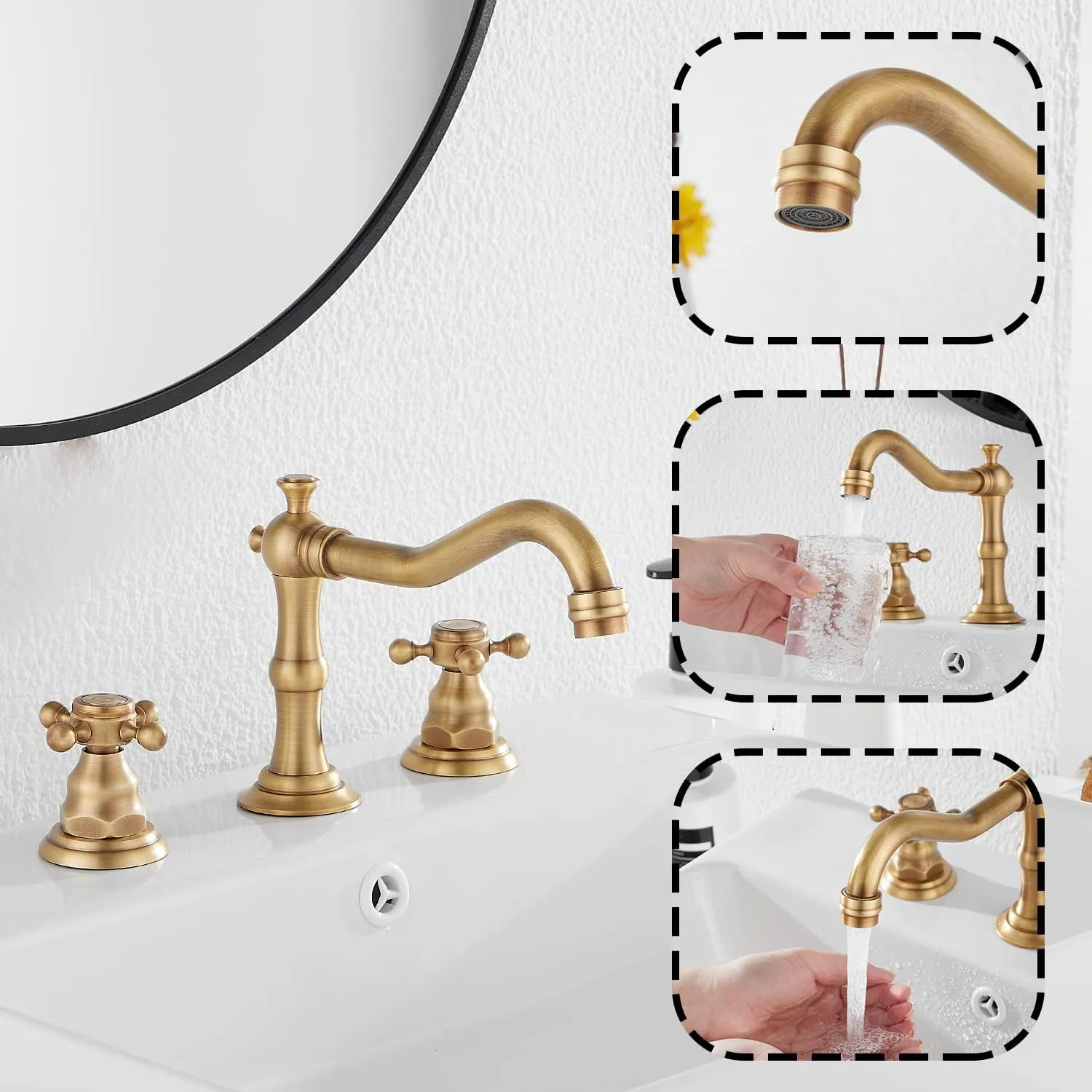 GGStudy 8 inch 2 Handles 3 Holes Widespread Bathroom Sink Faucet Antique Brass Bathroom Vanity Faucet Basin Mixer Tap Matching Metal Pop Up Drain with Overflow