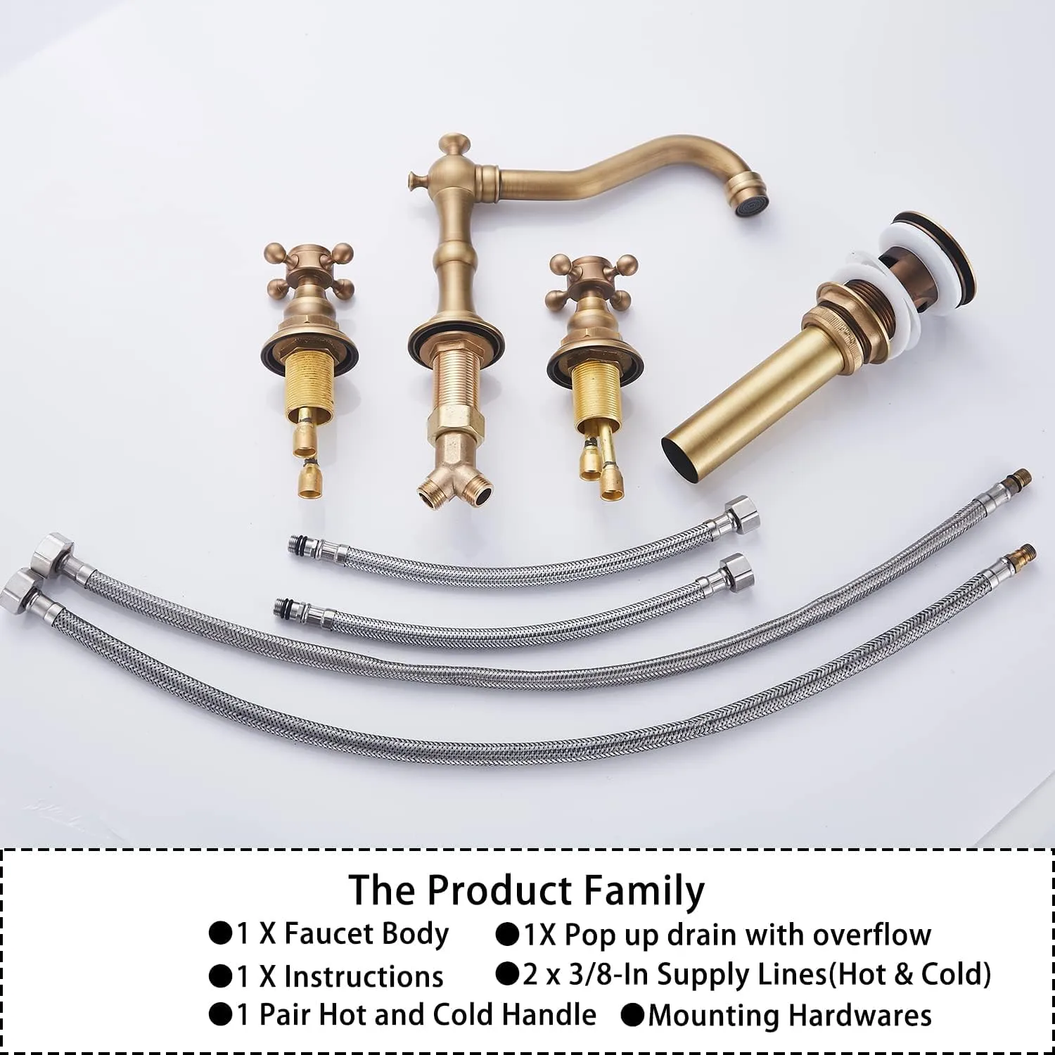 GGStudy 8 inch 2 Handles 3 Holes Widespread Bathroom Sink Faucet Antique Brass Bathroom Vanity Faucet Basin Mixer Tap Matching Metal Pop Up Drain with Overflow