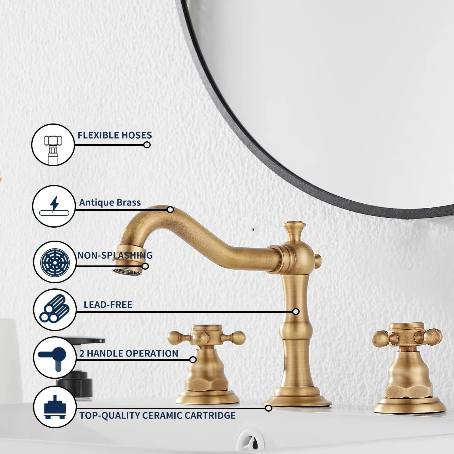 GGStudy 8 inch 2 Handles 3 Holes Widespread Bathroom Sink Faucet Antique Brass Bathroom Vanity Faucet Basin Mixer Tap Matching Metal Pop Up Drain with Overflow