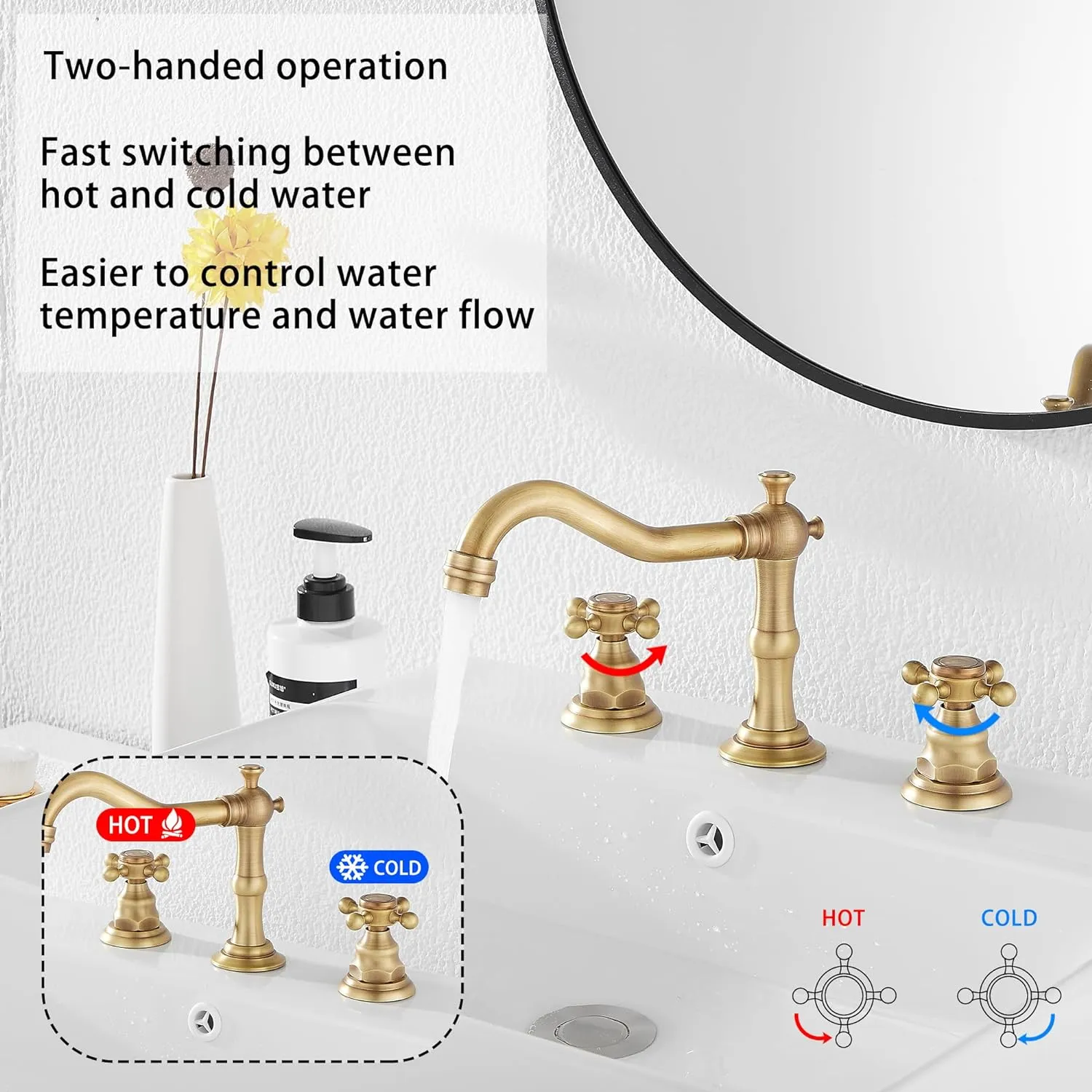 GGStudy 8 inch 2 Handles 3 Holes Widespread Bathroom Sink Faucet Antique Brass Bathroom Vanity Faucet Basin Mixer Tap Matching Metal Pop Up Drain with Overflow