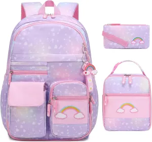 Girls Backpack, Cute Rainbow School Backpack for Girls with Insulated Lunch Box Pen Case Set, Kids Backpack Kindergarten Elementary Middle School Book Bag for Teen Girls Children Students
