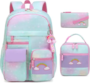 Girls Backpack, Cute Rainbow School Backpack for Girls with Insulated Lunch Box Pen Case Set, Kids Backpack Kindergarten Elementary Middle School Book Bag for Teen Girls Children Students