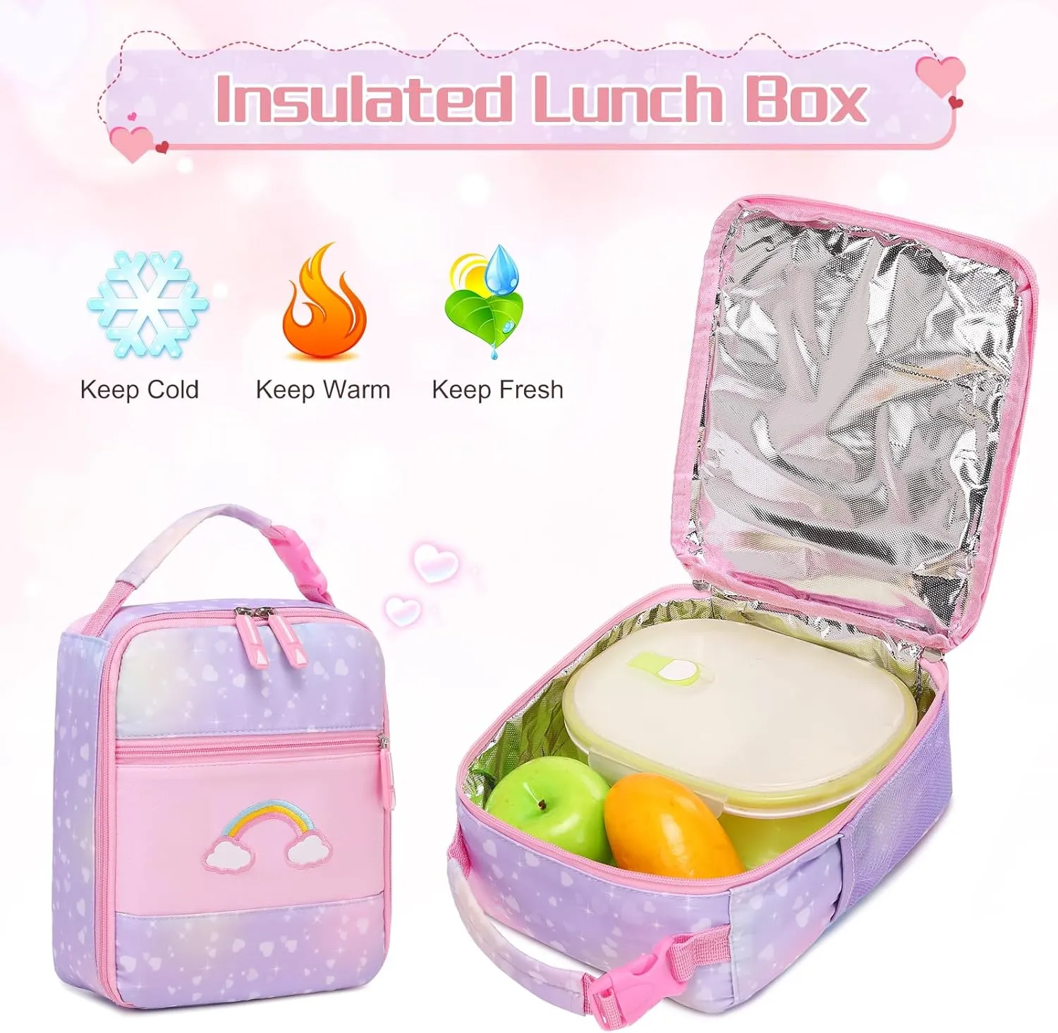 Girls Backpack, Cute Rainbow School Backpack for Girls with Insulated Lunch Box Pen Case Set, Kids Backpack Kindergarten Elementary Middle School Book Bag for Teen Girls Children Students