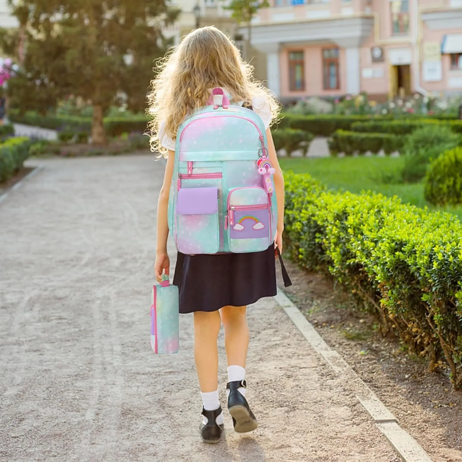 Girls Backpack, Cute Rainbow School Backpack for Girls with Insulated Lunch Box Pen Case Set, Kids Backpack Kindergarten Elementary Middle School Book Bag for Teen Girls Children Students