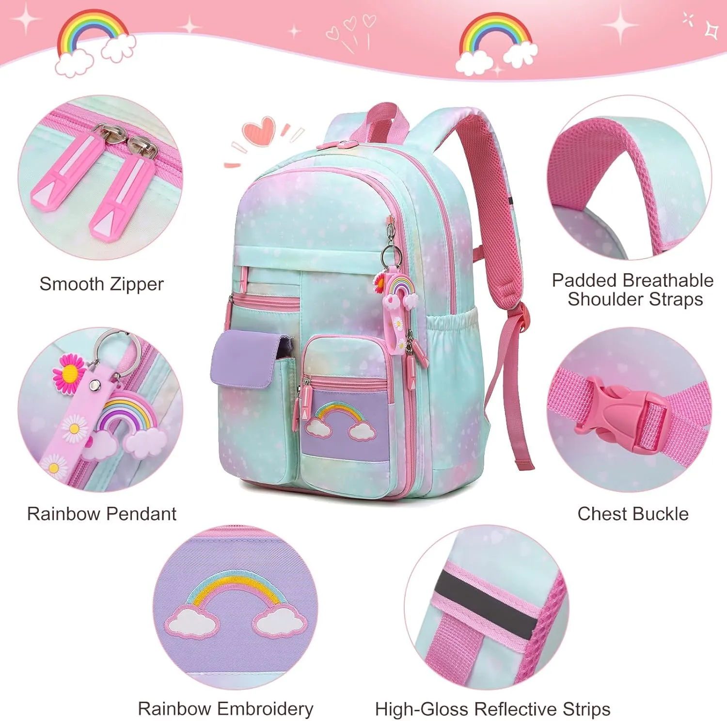 Girls Backpack, Cute Rainbow School Backpack for Girls with Insulated Lunch Box Pen Case Set, Kids Backpack Kindergarten Elementary Middle School Book Bag for Teen Girls Children Students