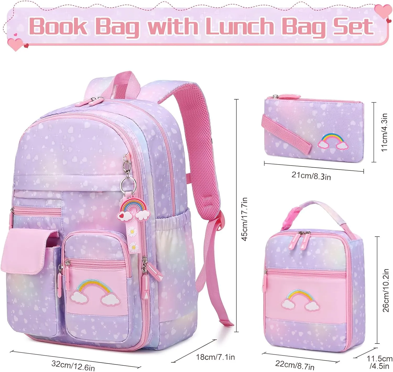 Girls Backpack, Cute Rainbow School Backpack for Girls with Insulated Lunch Box Pen Case Set, Kids Backpack Kindergarten Elementary Middle School Book Bag for Teen Girls Children Students