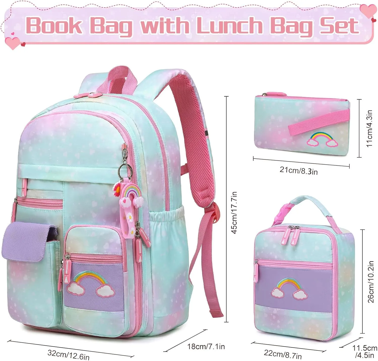 Girls Backpack, Cute Rainbow School Backpack for Girls with Insulated Lunch Box Pen Case Set, Kids Backpack Kindergarten Elementary Middle School Book Bag for Teen Girls Children Students