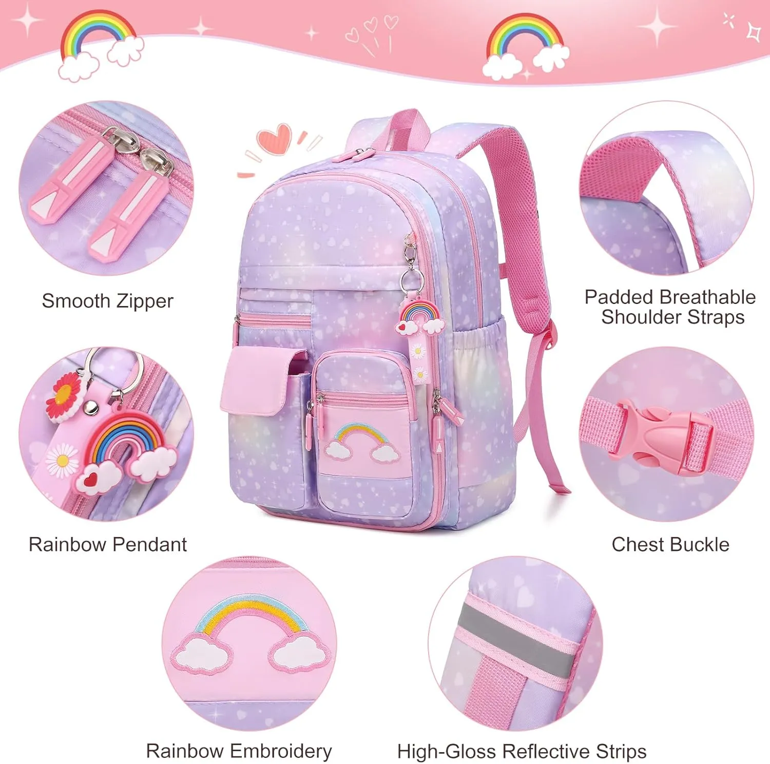 Girls Backpack, Cute Rainbow School Backpack for Girls with Insulated Lunch Box Pen Case Set, Kids Backpack Kindergarten Elementary Middle School Book Bag for Teen Girls Children Students