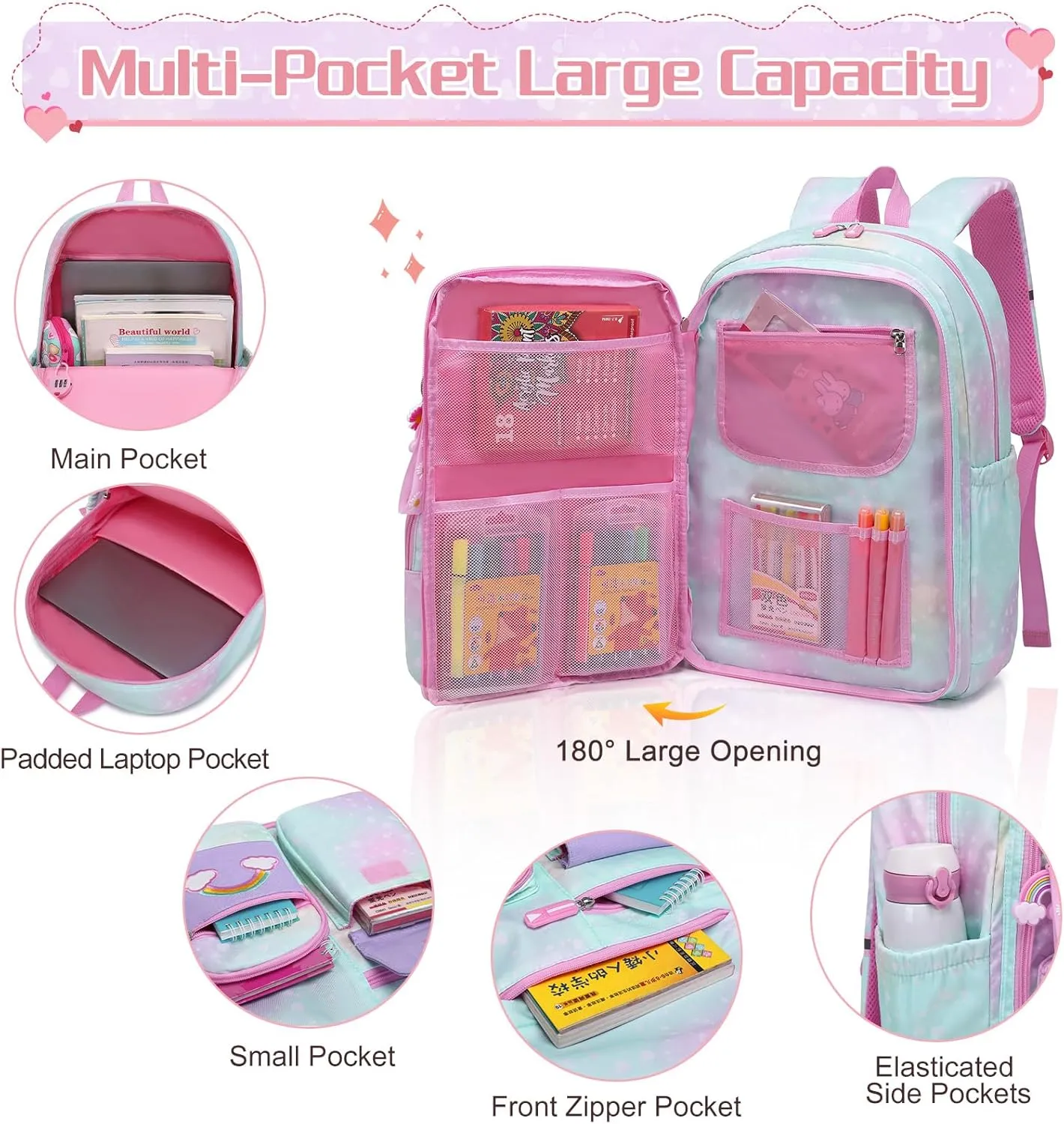 Girls Backpack, Cute Rainbow School Backpack for Girls with Insulated Lunch Box Pen Case Set, Kids Backpack Kindergarten Elementary Middle School Book Bag for Teen Girls Children Students