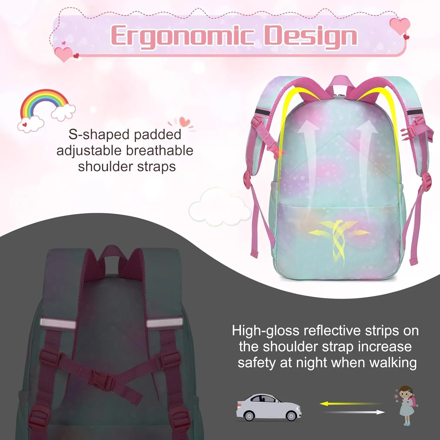Girls Backpack, Cute Rainbow School Backpack for Girls with Insulated Lunch Box Pen Case Set, Kids Backpack Kindergarten Elementary Middle School Book Bag for Teen Girls Children Students