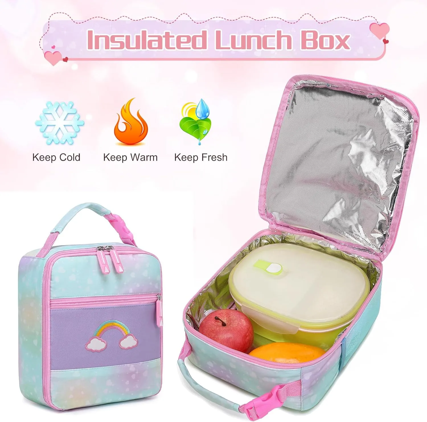 Girls Backpack, Cute Rainbow School Backpack for Girls with Insulated Lunch Box Pen Case Set, Kids Backpack Kindergarten Elementary Middle School Book Bag for Teen Girls Children Students