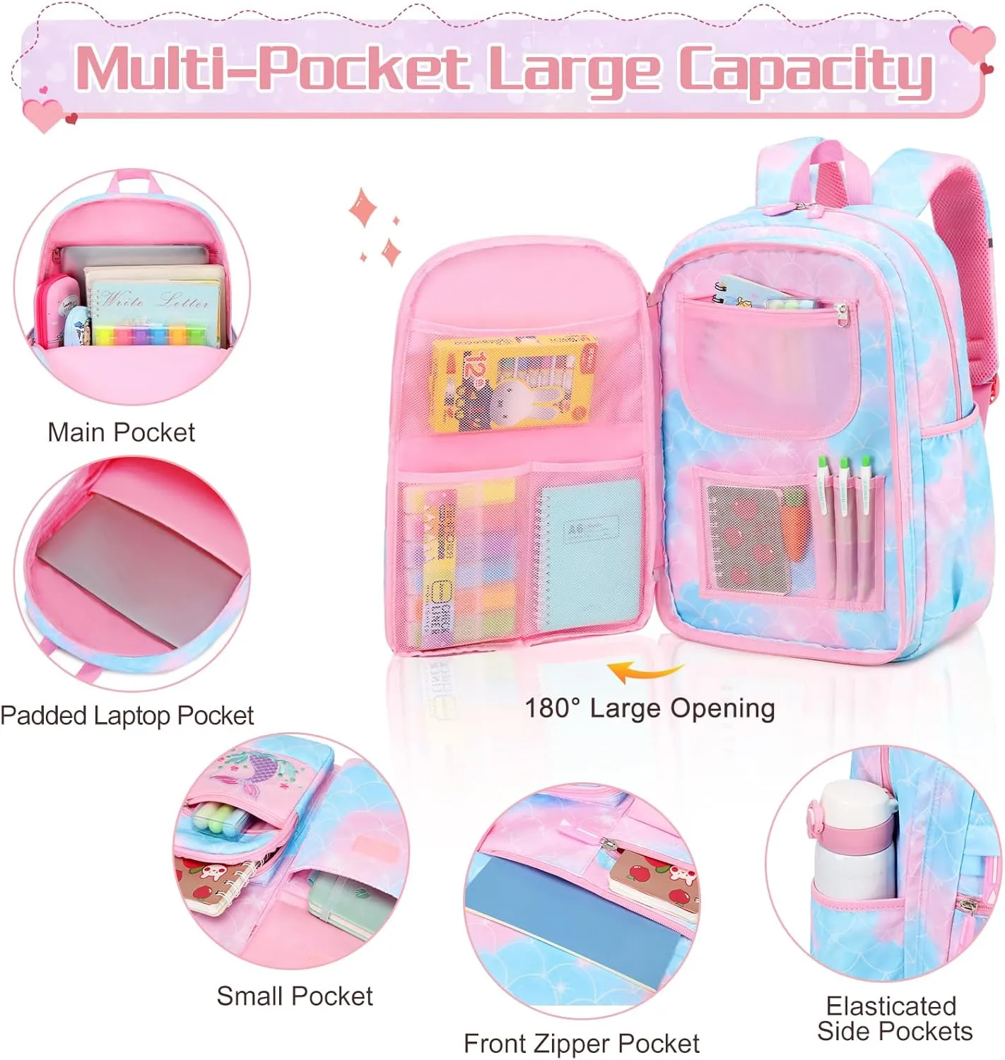 Girls' Backpack, Cute Rainbow School Backpack with Insulated Lunch Box Pen Case Set, Kindergarten to Middle School Book Bag for Children Students
