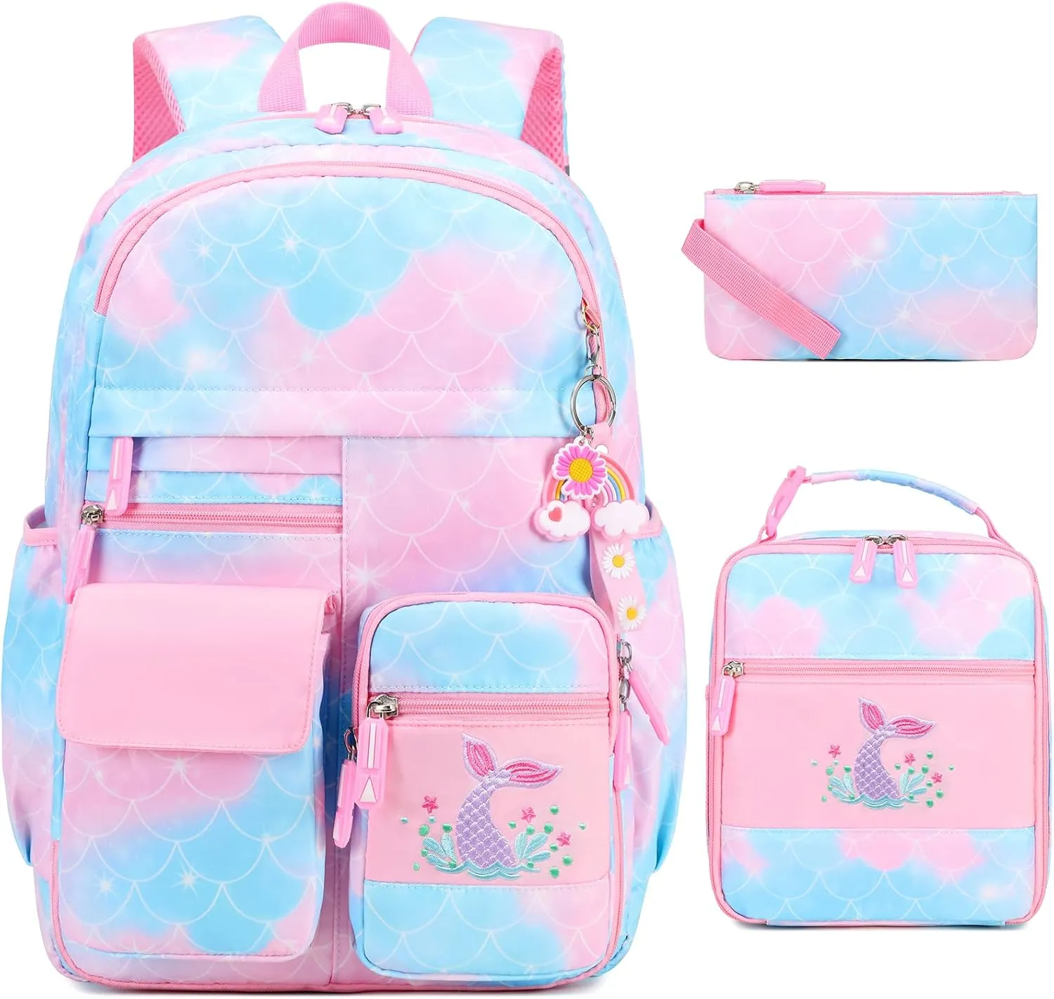 Girls' Backpack, Cute Rainbow School Backpack with Insulated Lunch Box Pen Case Set, Kindergarten to Middle School Book Bag for Children Students
