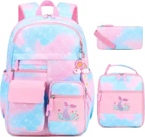 Girls' Backpack, Cute Rainbow School Backpack with Insulated Lunch Box Pen Case Set, Kindergarten to Middle School Book Bag for Children Students