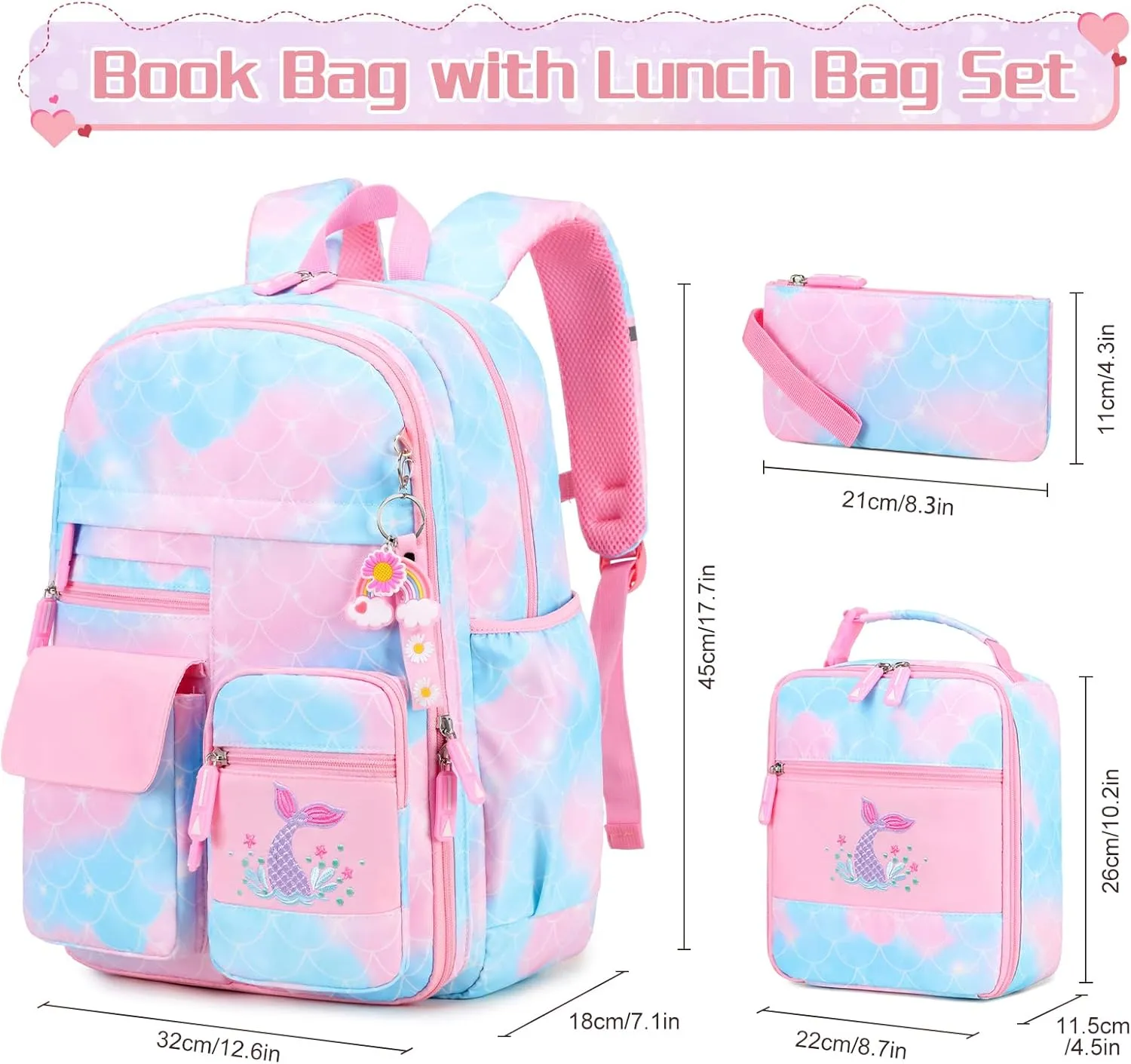 Girls' Backpack, Cute Rainbow School Backpack with Insulated Lunch Box Pen Case Set, Kindergarten to Middle School Book Bag for Children Students