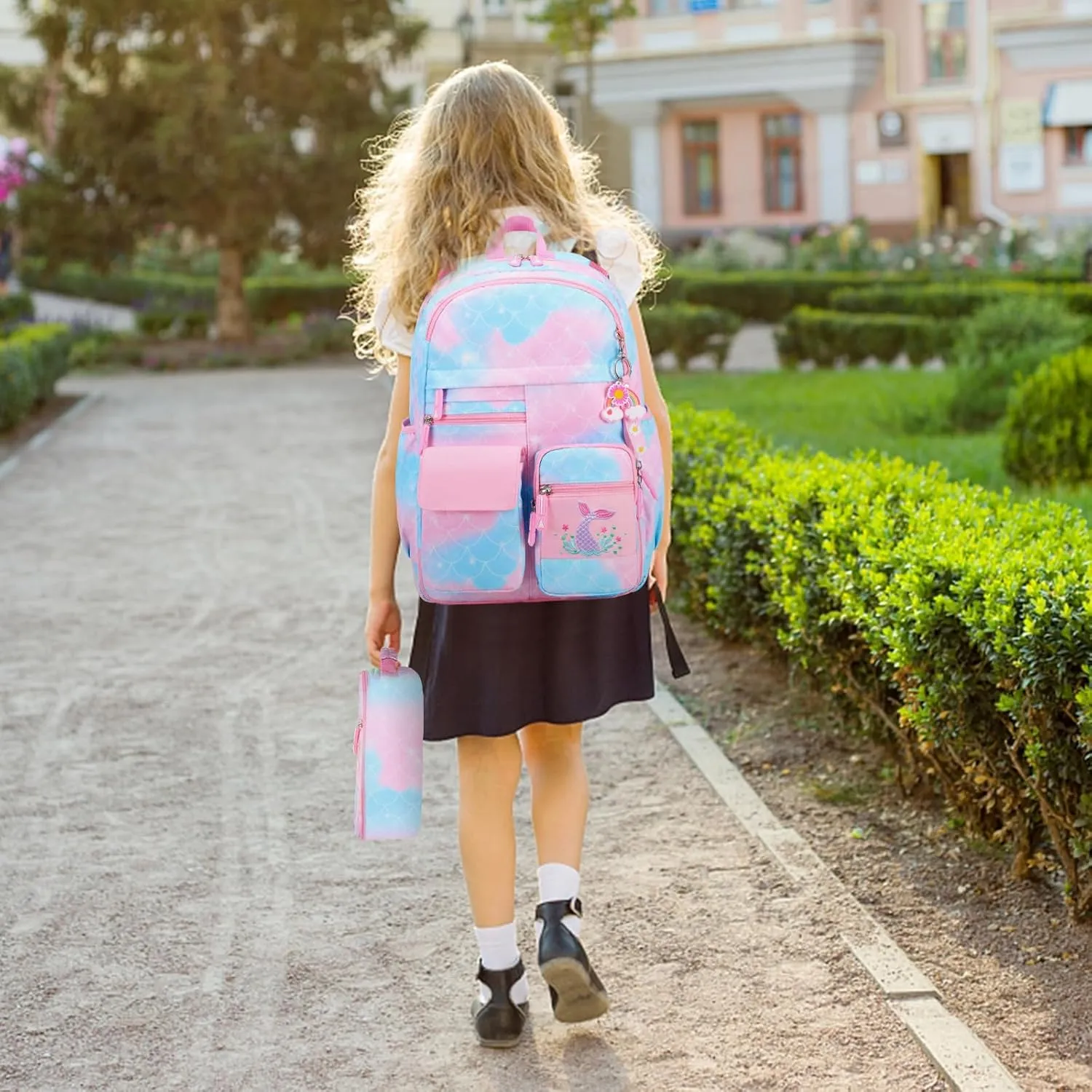 Girls' Backpack, Cute Rainbow School Backpack with Insulated Lunch Box Pen Case Set, Kindergarten to Middle School Book Bag for Children Students