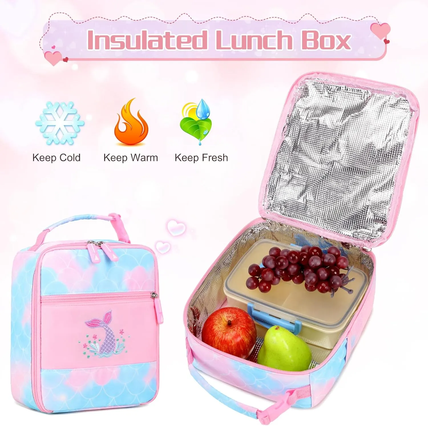 Girls' Backpack, Cute Rainbow School Backpack with Insulated Lunch Box Pen Case Set, Kindergarten to Middle School Book Bag for Children Students