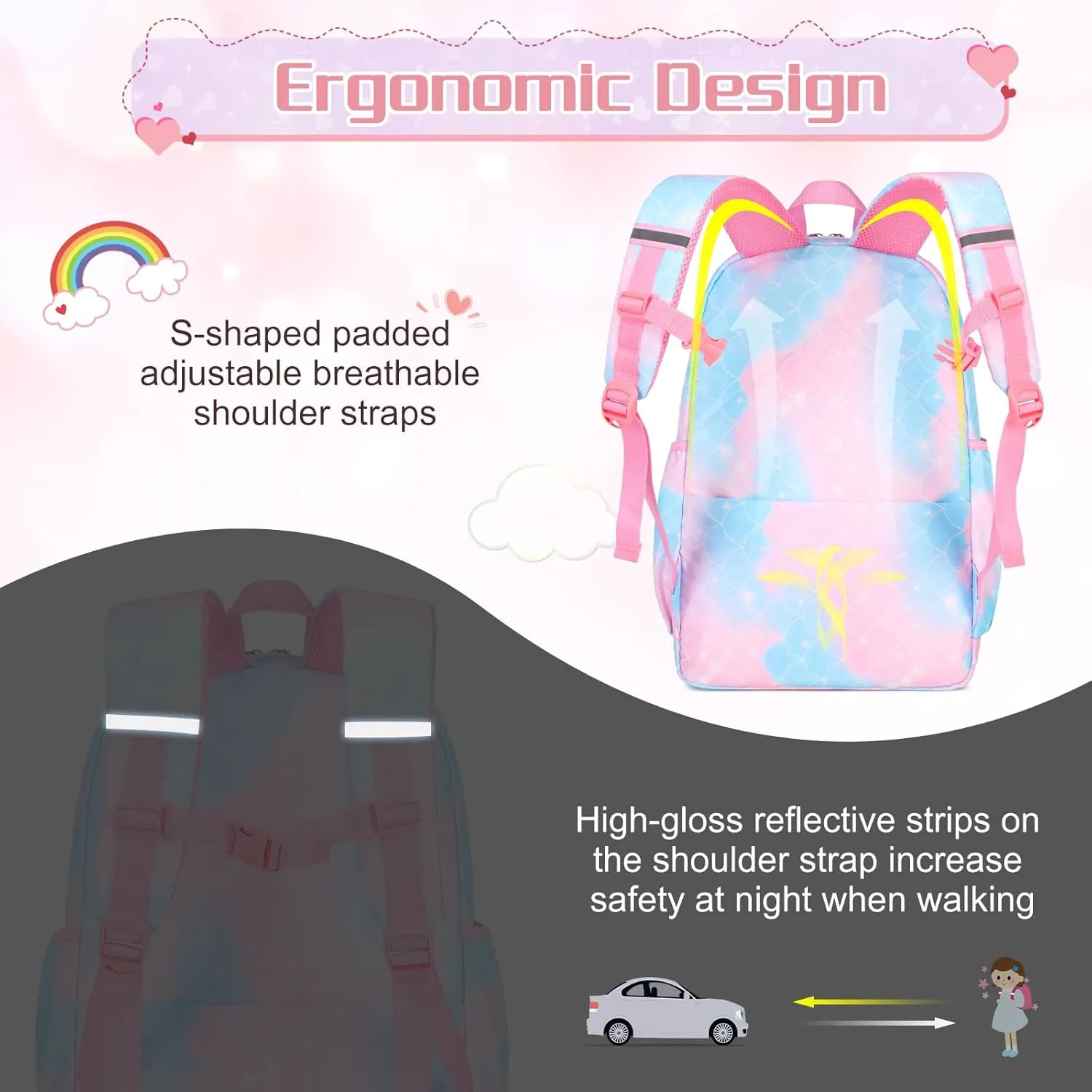 Girls' Backpack, Cute Rainbow School Backpack with Insulated Lunch Box Pen Case Set, Kindergarten to Middle School Book Bag for Children Students