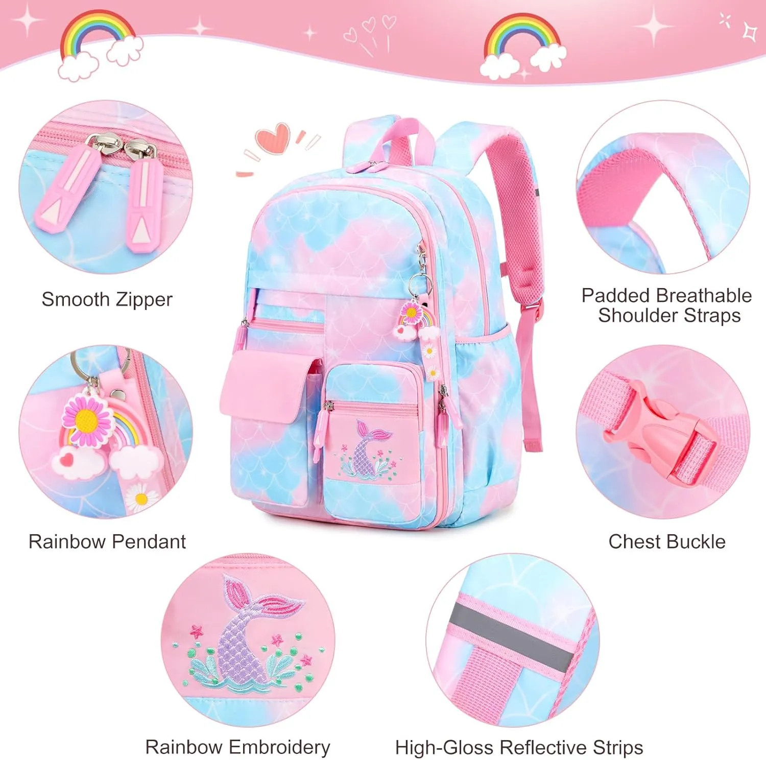 Girls' Backpack, Cute Rainbow School Backpack with Insulated Lunch Box Pen Case Set, Kindergarten to Middle School Book Bag for Children Students