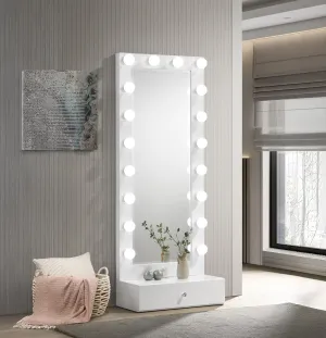 Glamorous Tall Lighted Vanity Mirror with Drawer, Beveled Glass, Crystal Knob, Glossy White Finish