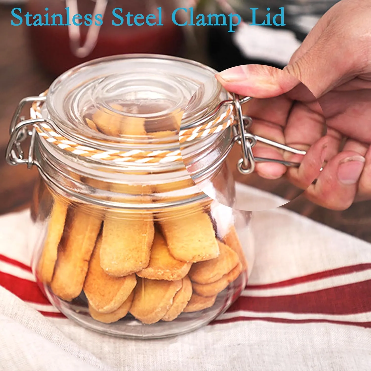 Glass Jars With Airtight Lids 16 OZ 2 Set Wide Mouth Food Storage Canisters Leakproof Sealed Jar Containers With Clamp Lids For Coffee,Sugar, Spices,Snacks, Pickles,Cereal,Tea Bags,Candy,Cookies