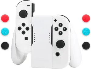 GLDRAM Joycon Charger Grip for Nintendo Switch & Switch OLED Accessories, Switch Joy Con Controller Charging Grip with LED Indicator, Charging Cable and 6 Thumb Grip Caps, Charger Dock Stand-White