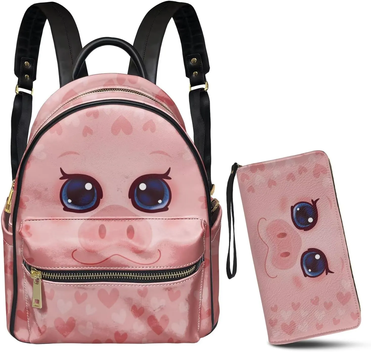 GLENLCWE 2Piece Cartoon Pig Leather Backpack and Purse for Women Girls Pink Mini Backpack Rucksack Leather Wallet Long Clutch Anti Theft for Travel Causal Work