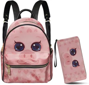 GLENLCWE 2Piece Cartoon Pig Leather Backpack and Purse for Women Girls Pink Mini Backpack Rucksack Leather Wallet Long Clutch Anti Theft for Travel Causal Work