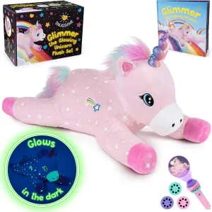 Glow in The Dark Unicorn Plush Set with Unicorn Book & Flashlight Projector, 18 Inch Unicorn Stuffed Animal and Book Set, Light Up Bedtime Toy Stuffies for Girls Gift Set, Bedtime Help