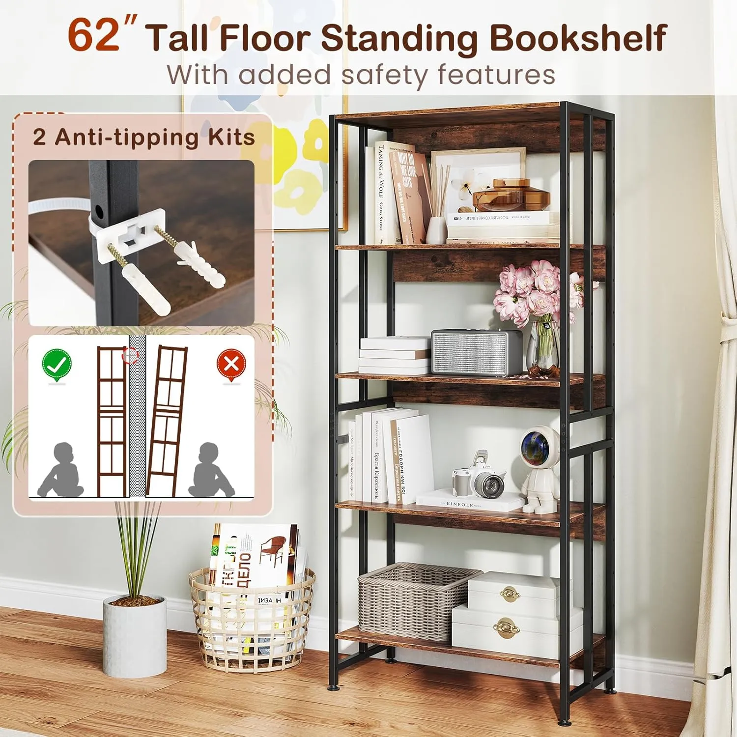 GOFLAME 5-Tier Bookshelf Set of 2, 62” Tall Bookcase with Adjustable & Tiltable Shelves, Industrial Display Rack Storage Shelf with Metal Frame for Living Room Bedroom Study, Rustic Brown