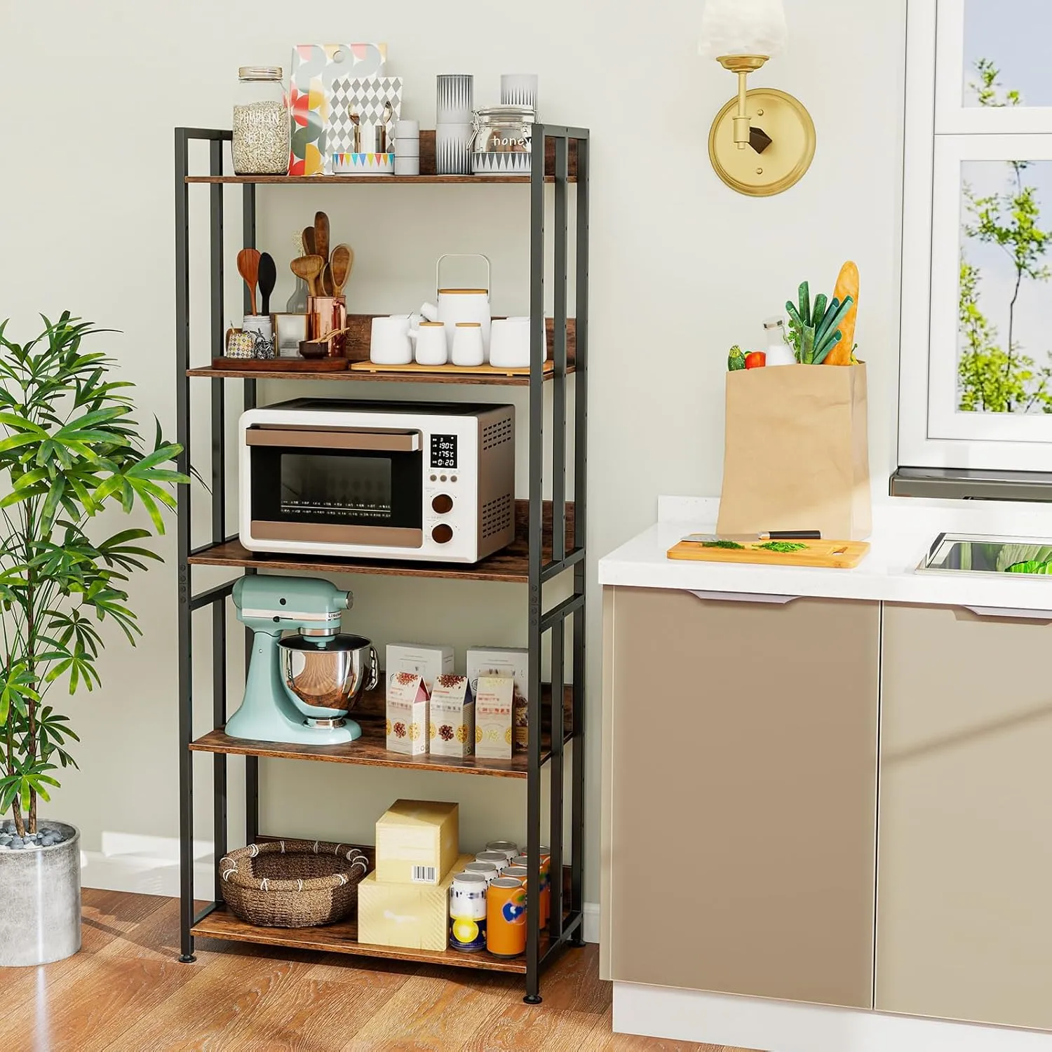 GOFLAME 5-Tier Bookshelf Set of 2, 62” Tall Bookcase with Adjustable & Tiltable Shelves, Industrial Display Rack Storage Shelf with Metal Frame for Living Room Bedroom Study, Rustic Brown