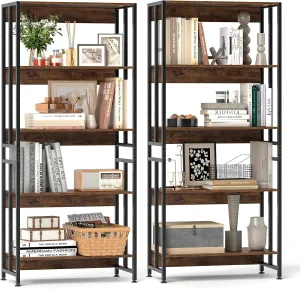 GOFLAME 5-Tier Bookshelf Set of 2, 62” Tall Bookcase with Adjustable & Tiltable Shelves, Industrial Display Rack Storage Shelf with Metal Frame for Living Room Bedroom Study, Rustic Brown