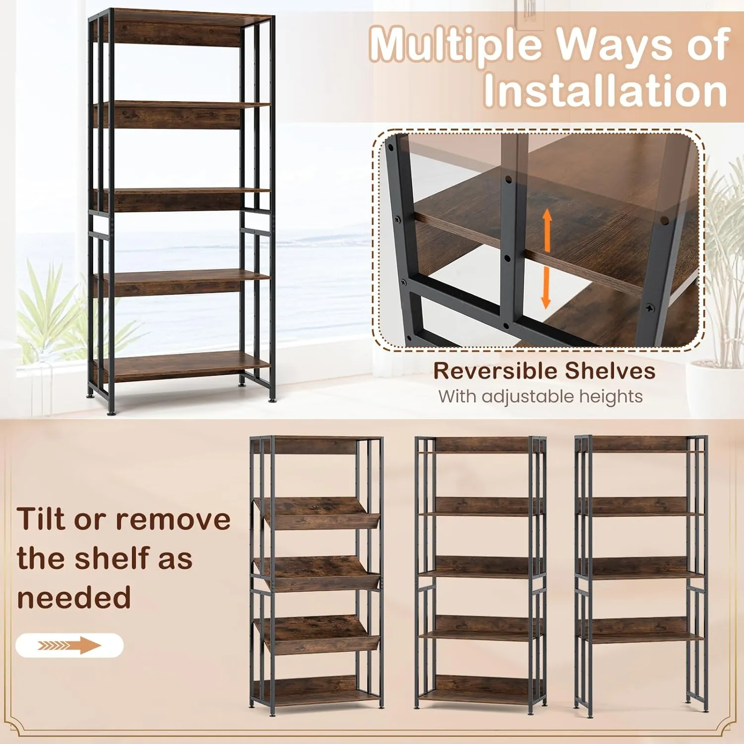 GOFLAME 5-Tier Bookshelf Set of 2, 62” Tall Bookcase with Adjustable & Tiltable Shelves, Industrial Display Rack Storage Shelf with Metal Frame for Living Room Bedroom Study, Rustic Brown