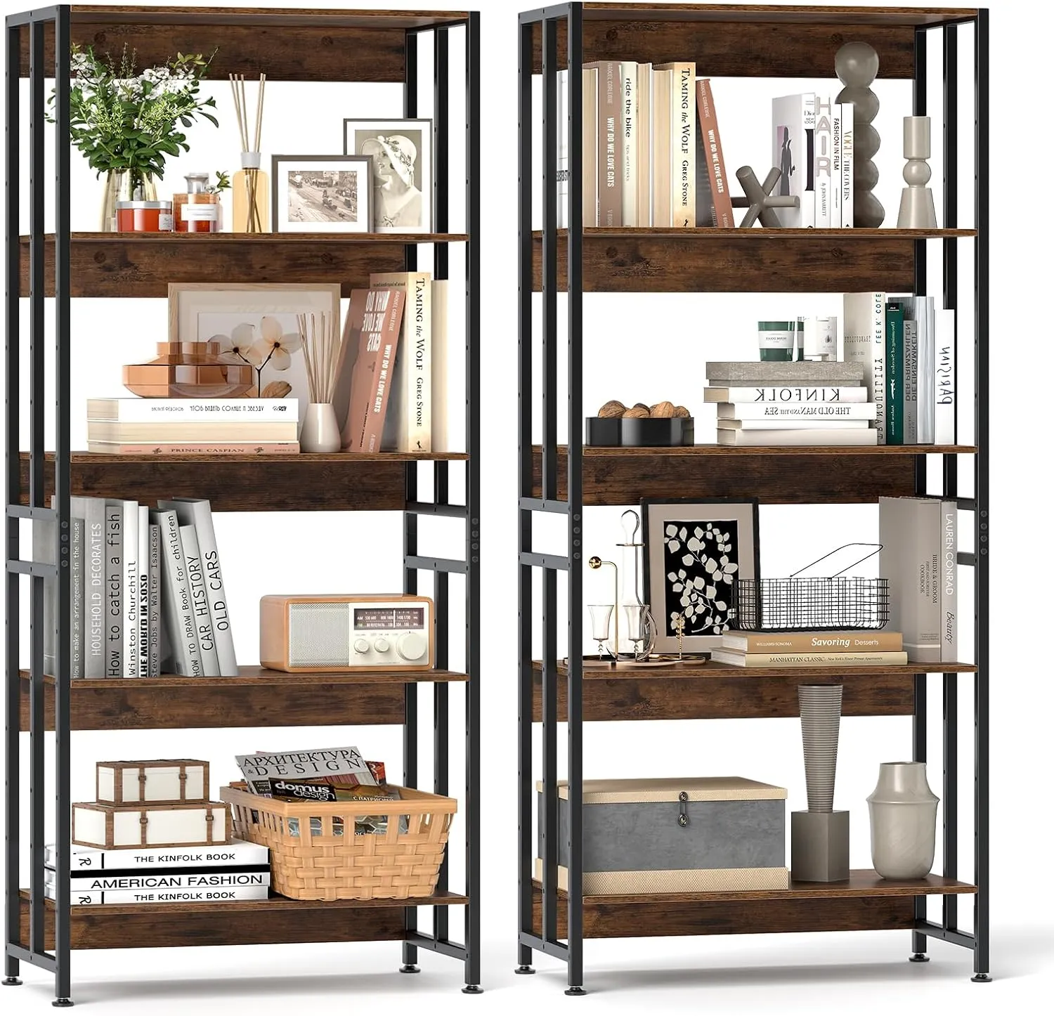GOFLAME 5-Tier Bookshelf Set of 2, 62” Tall Bookcase with Adjustable & Tiltable Shelves, Industrial Display Rack Storage Shelf with Metal Frame for Living Room Bedroom Study, Rustic Brown