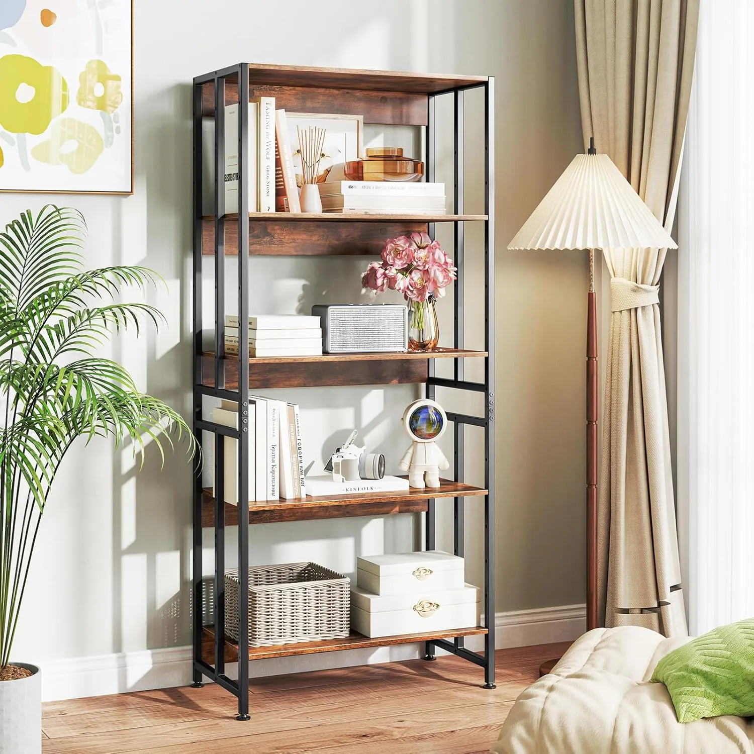GOFLAME 5-Tier Bookshelf Set of 2, 62” Tall Bookcase with Adjustable & Tiltable Shelves, Industrial Display Rack Storage Shelf with Metal Frame for Living Room Bedroom Study, Rustic Brown