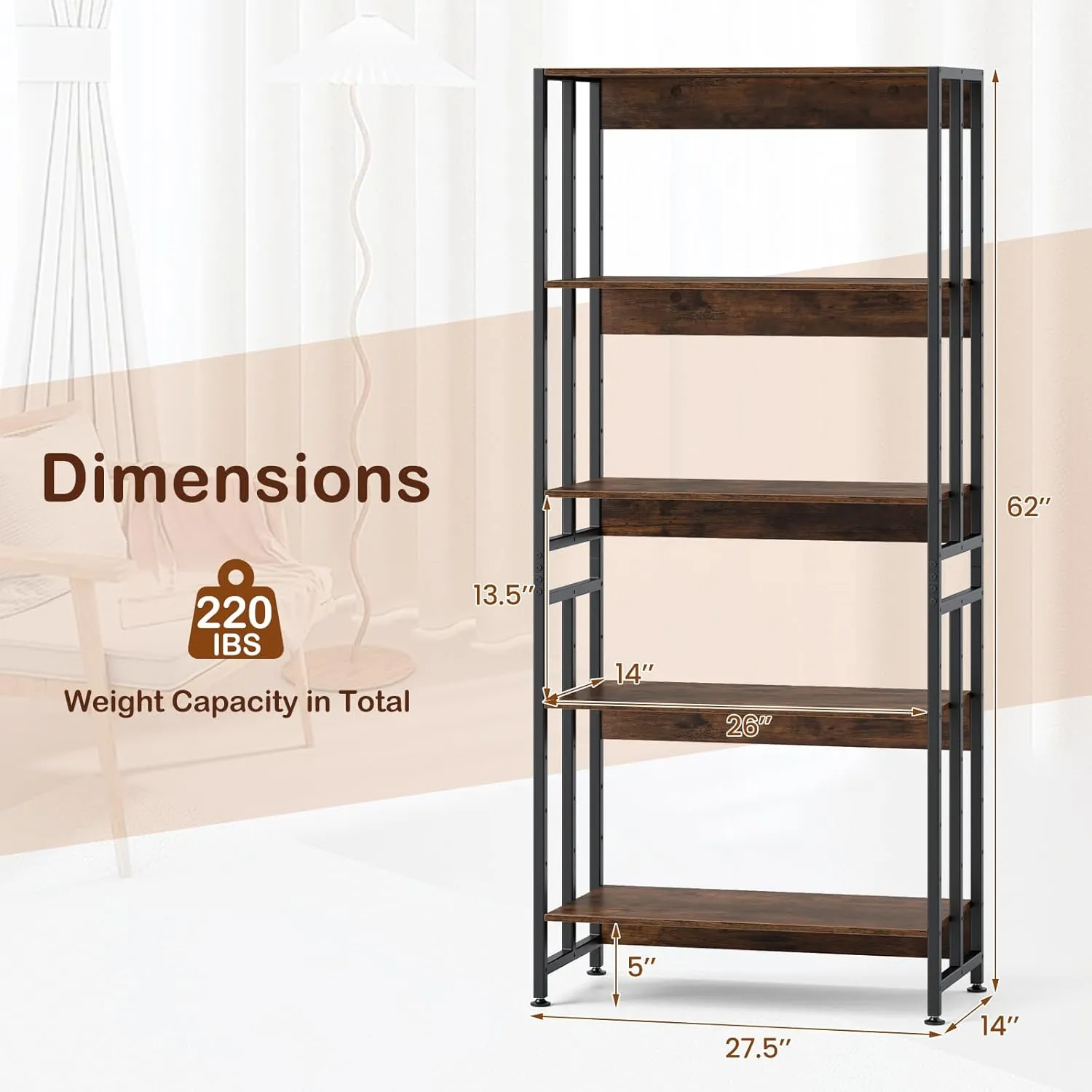 GOFLAME 5-Tier Bookshelf Set of 2, 62” Tall Bookcase with Adjustable & Tiltable Shelves, Industrial Display Rack Storage Shelf with Metal Frame for Living Room Bedroom Study, Rustic Brown