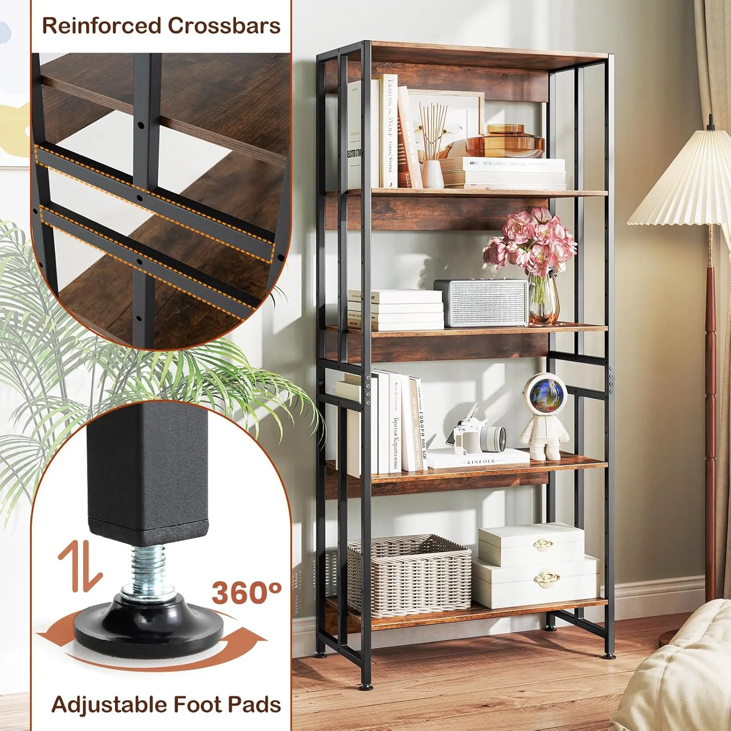 GOFLAME 5-Tier Bookshelf Set of 2, 62” Tall Bookcase with Adjustable & Tiltable Shelves, Industrial Display Rack Storage Shelf with Metal Frame for Living Room Bedroom Study, Rustic Brown
