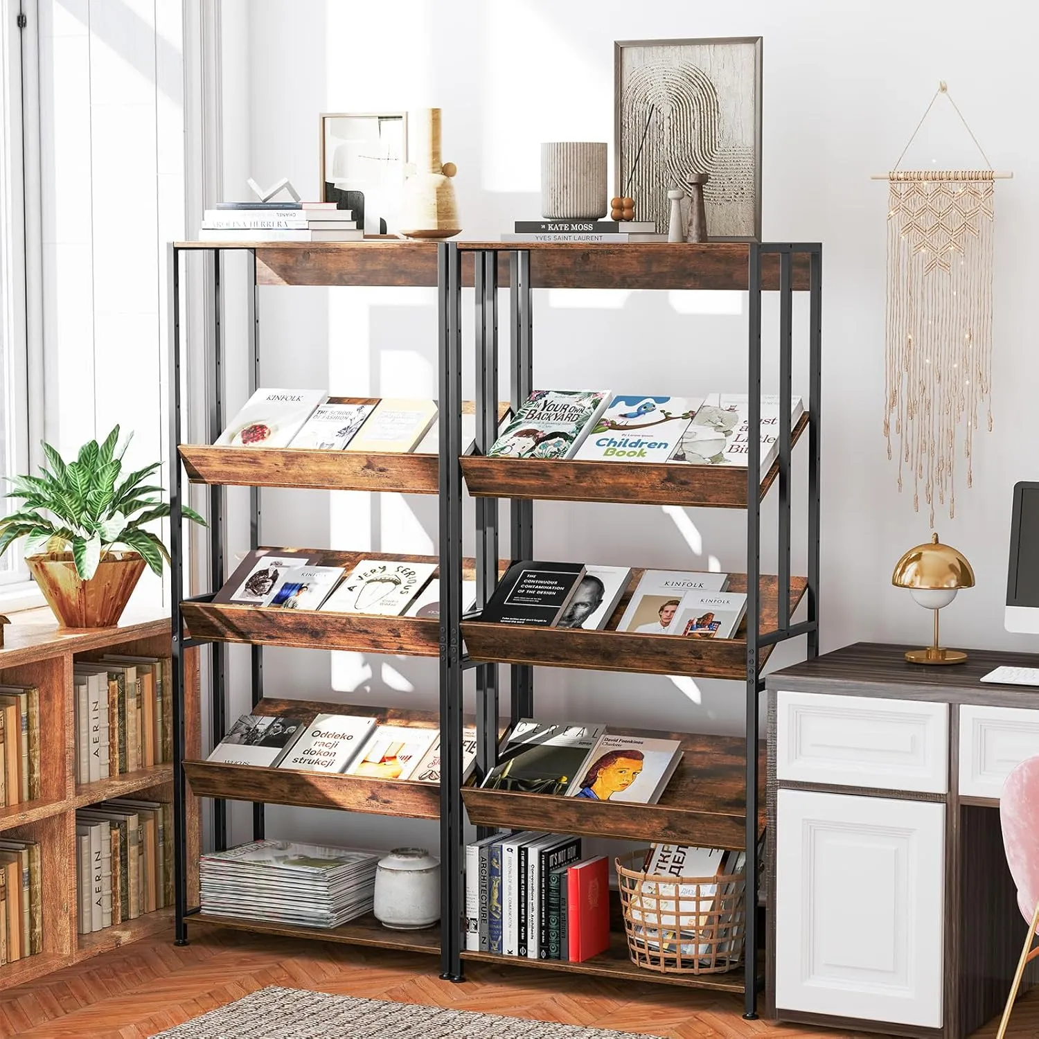 GOFLAME 5-Tier Bookshelf Set of 2, 62” Tall Bookcase with Adjustable & Tiltable Shelves, Industrial Display Rack Storage Shelf with Metal Frame for Living Room Bedroom Study, Rustic Brown