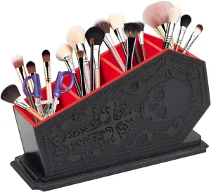 Gothic Coffin Decor Makeup Brush Holder,Spooky Witchy Gifts for Women,Skull Cosmetic Display Cases,Goth Decor Pen Holder, Vanity, Desk, Office Organizer for Bedroom Bathroom (Coffin Holder-Red)