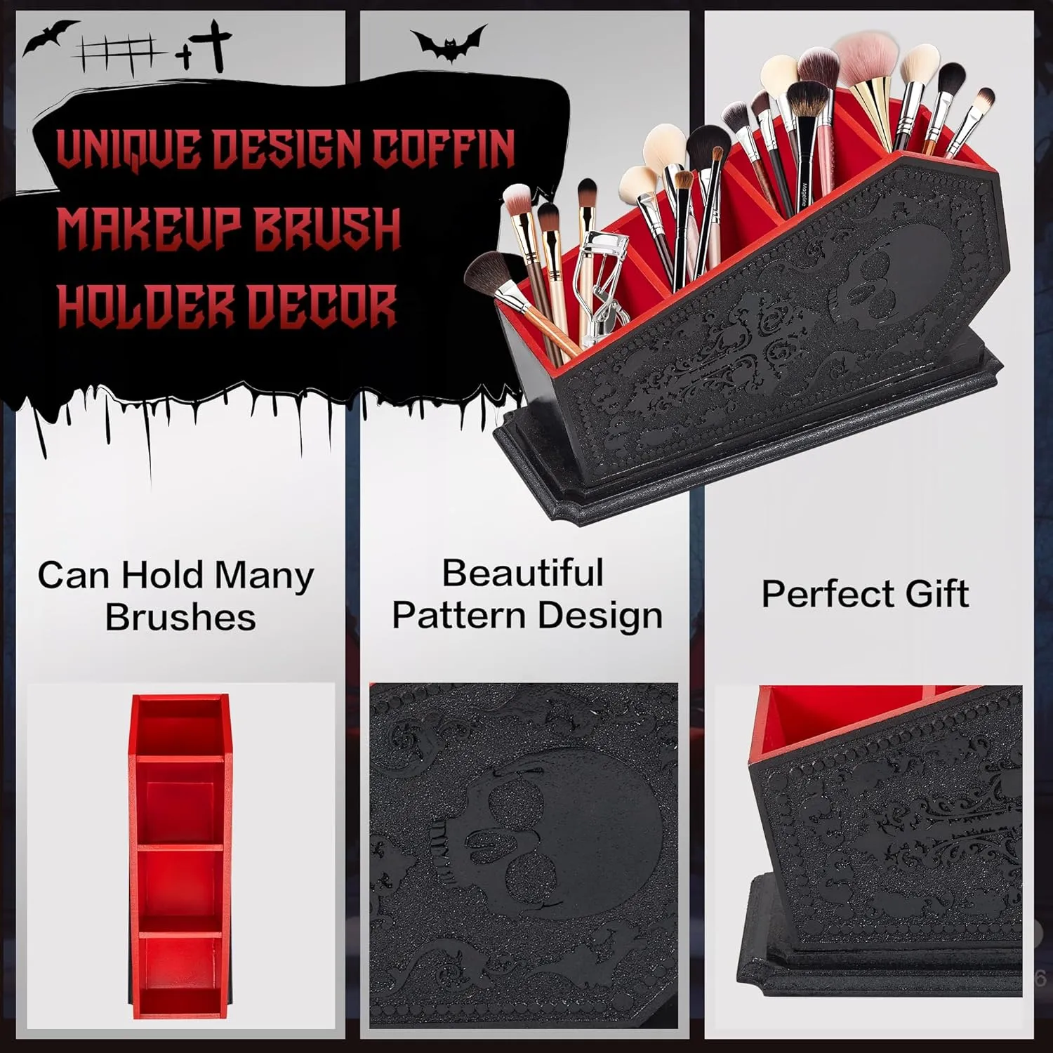 Gothic Coffin Decor Makeup Brush Holder,Spooky Witchy Gifts for Women,Skull Cosmetic Display Cases,Goth Decor Pen Holder, Vanity, Desk, Office Organizer for Bedroom Bathroom (Coffin Holder-Red)