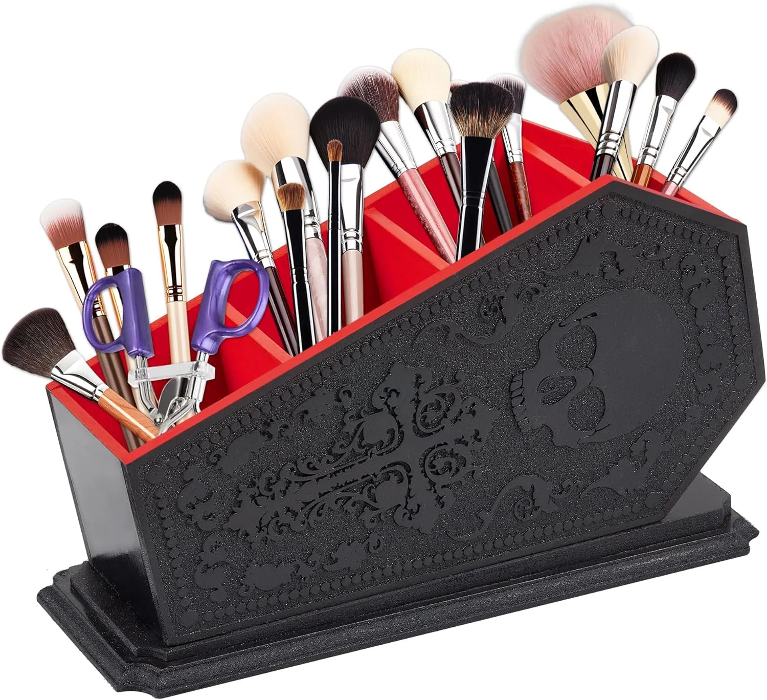 Gothic Coffin Decor Makeup Brush Holder,Spooky Witchy Gifts for Women,Skull Cosmetic Display Cases,Goth Decor Pen Holder, Vanity, Desk, Office Organizer for Bedroom Bathroom (Coffin Holder-Red)
