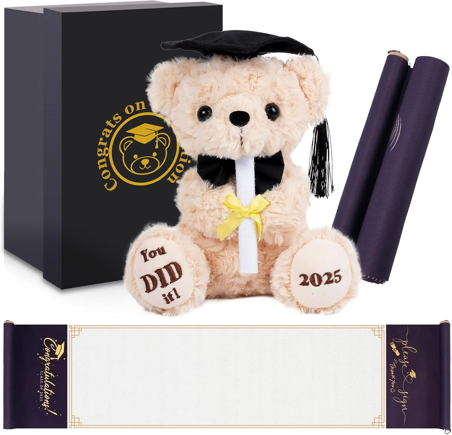 Graduation Bear Class of 2025 - Graduation Gifts Set Teddy Bear & Guest Book Scroll, High School Graduation Gifts for Boys & Girls, 8" Stuffed Animal Plush Bear | You DID it | 2025 Grad Gifts - 2Pcs