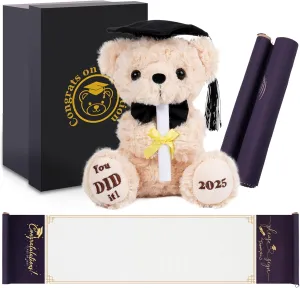 Graduation Bear Class of 2025 - Graduation Gifts Set Teddy Bear & Guest Book Scroll, High School Graduation Gifts for Boys & Girls, 8" Stuffed Animal Plush Bear | You DID it | 2025 Grad Gifts - 2Pcs