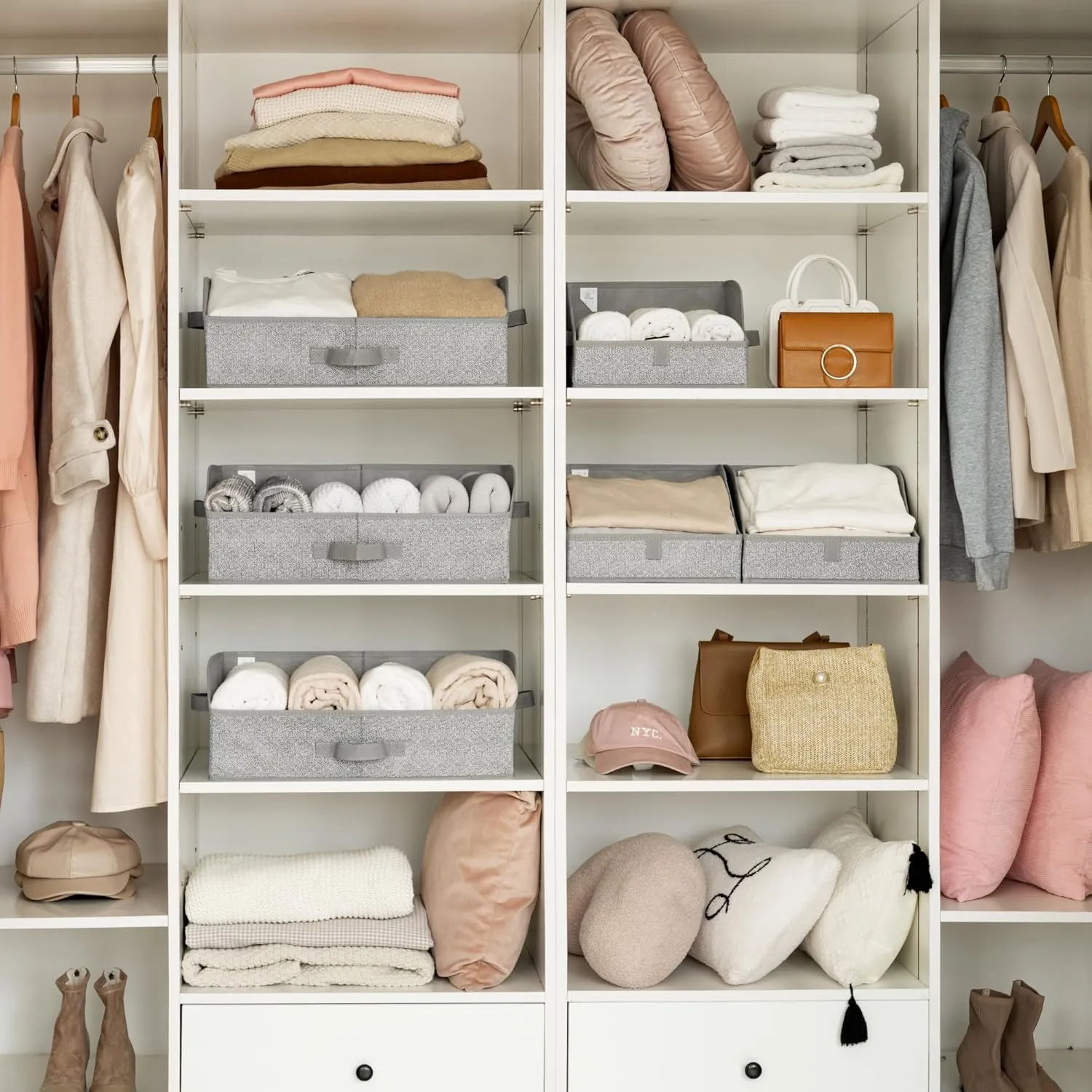GRANNY SAYS Linen Closet Organizers and Storage Baskets for Organizing Shirts, Decorative Shelves Bins Wardrobe Cabinet, Gray, 3-Pack