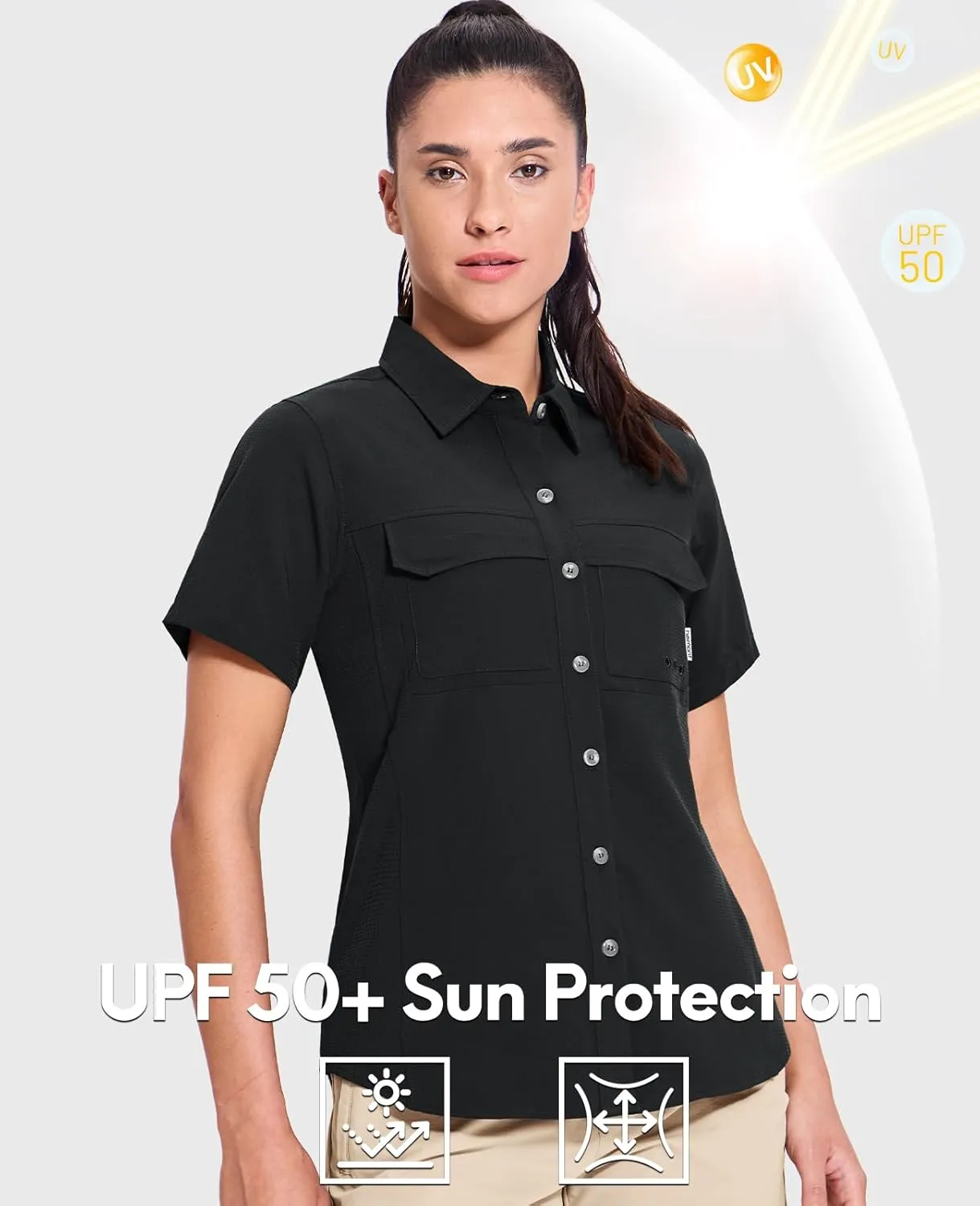 Haimont Women's UPF 50  Sun Protection Button Down Fishing Hiking Travel Shirts Short Sleeve Quick Dry Shirt with Pockets