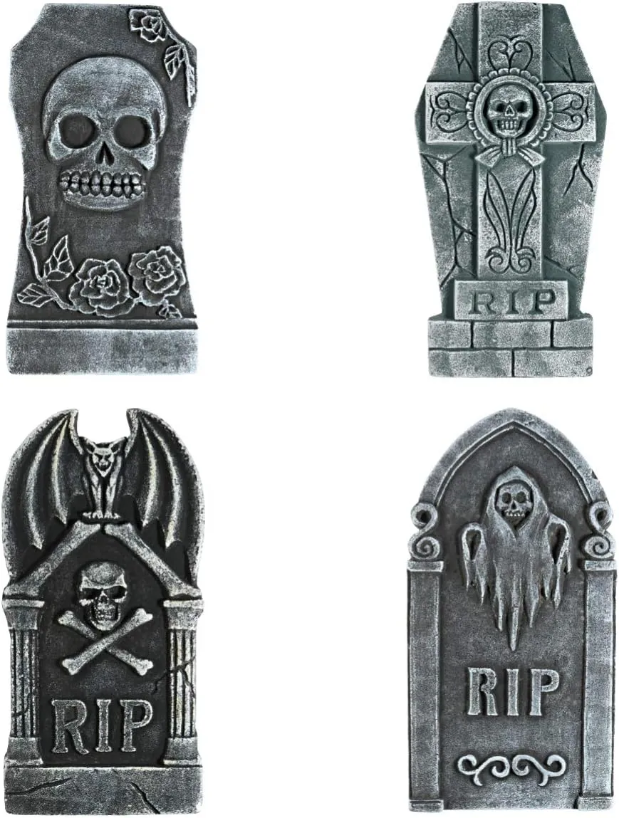 Halloween Foam RIP Graveyard Tombstones, 4 Pieces Halloween Yard Signs Tombstone Yard Stakes Gravestone Yard Sign Stake for Headstone Decorations Outdoor Lawn Decorations Tombstone Yard Decor